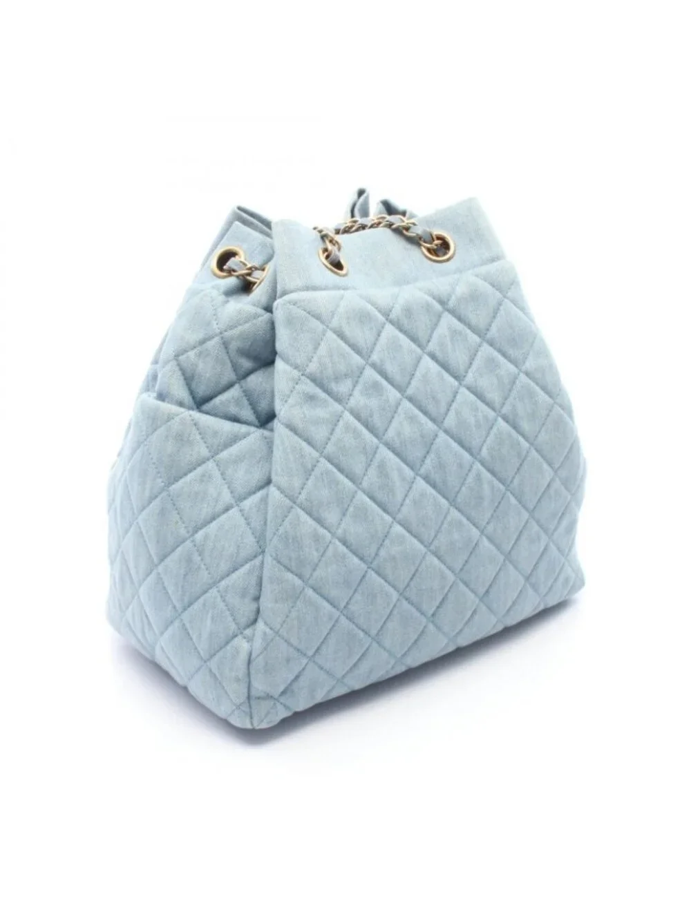 Chanel Shoulder Bag Quilted Drawstring Denim Blue